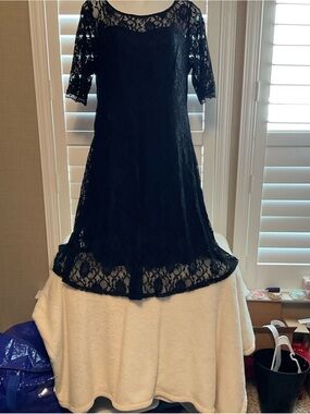 Black Lace Midi Dress with Sheer Yoke and Elbow Sleeves
